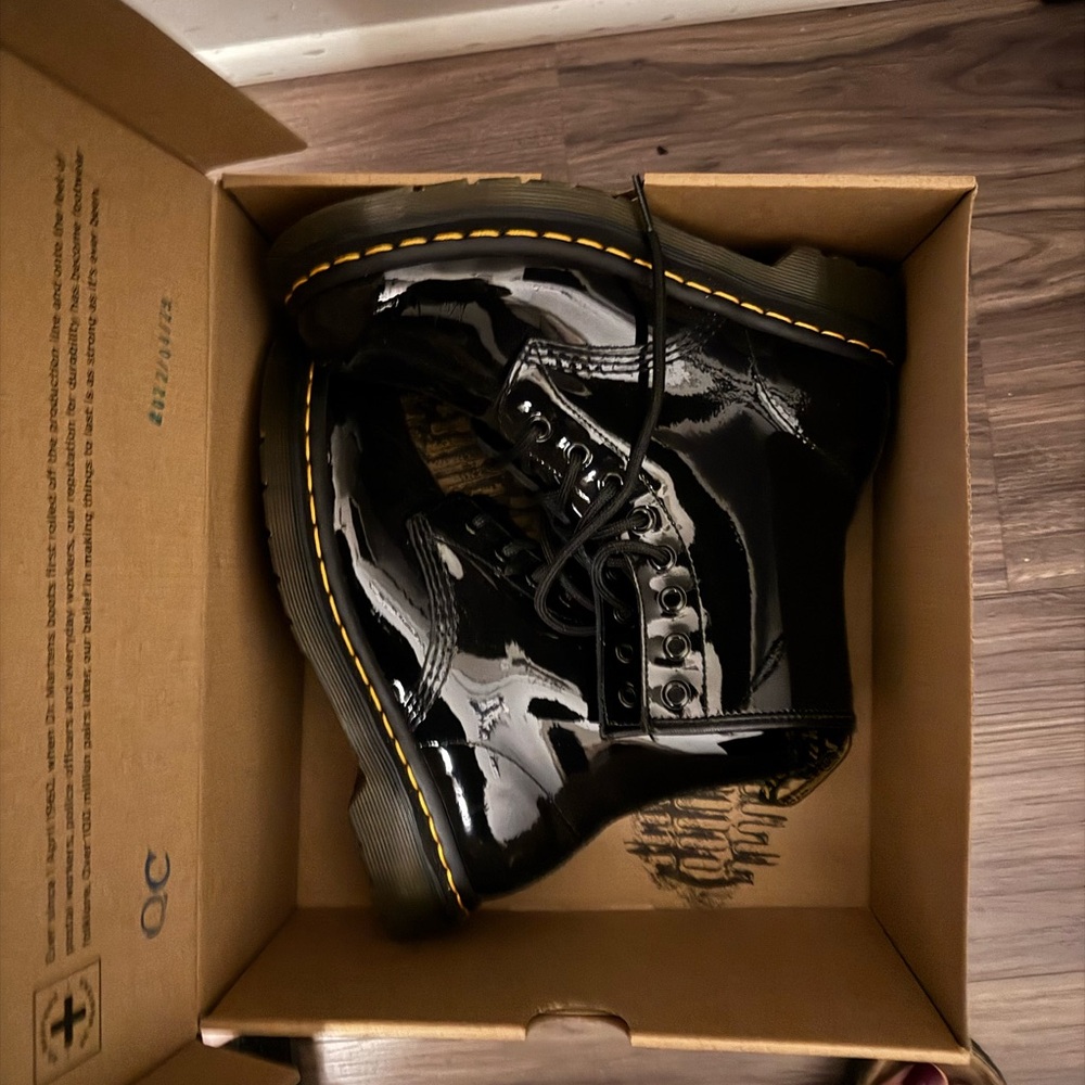Dr. Martens Shiny Black Boots with Yellow Stitching
